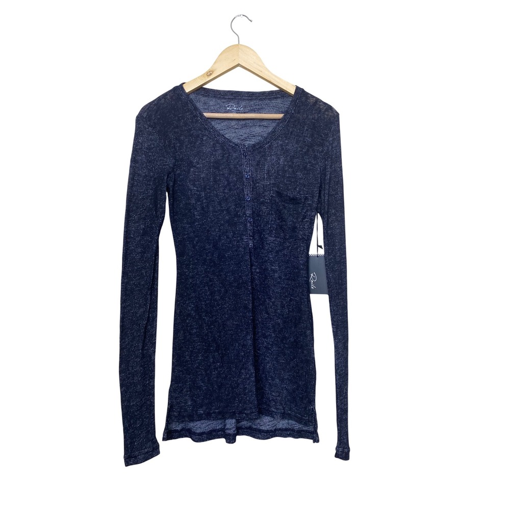 Rails Womens Henley Top Navy Blue Long Sleeve Button V-Neck Pocket‎ Medium